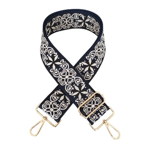 Close-up of thickened navy and beige jacquard strap with gold metal spring buckles