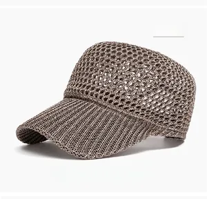 Detail of coffee brown breathable mesh knit baseball cap with hollow summer sun protection