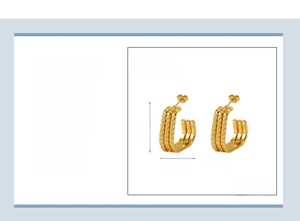 Macro detail of gold plated irregular layered C-shape earrings with size specifications