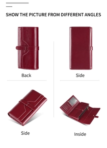 Detailed interior and exterior views of burgundy leather RFID wallet with card slots