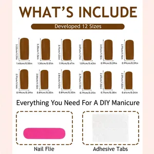 Brown matte long press-on nails set with 12 sizes, nail file and adhesive tabs details