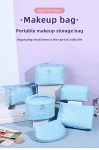 Close-up of light blue heart-embossed makeup bags with reflective PU material texture