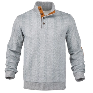 Grey men's knit Henley sweatshirt with a stand collar and three brown buttons