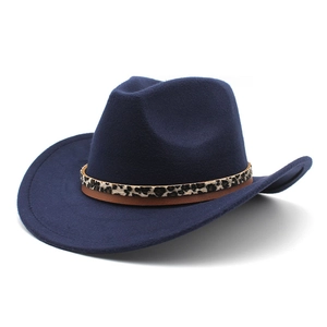 Chapeau de cowboy bleu marine en feutre de laine avec bandeau léopard élégant pour hommes et femmes
