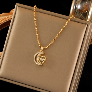 Moon And Heart Pendant Necklace 18K Gold Plated Stainless Steel Bead Chain Zircon Rhinestone Elegant Jewelry For Women