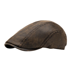 Vintage dark brown distressed leather flat cap for men and women with stitching details
