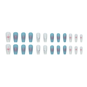 Long colorful press-on nails set with 24 pieces of blue and white starry gradient design