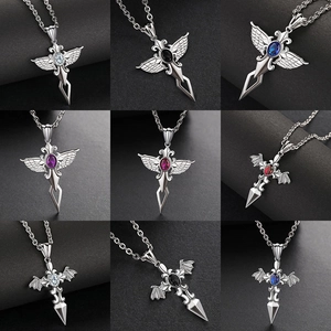 Stainless Steel Cross Pendant Necklace For Men Hip Hop Angel Wings Sword Alloy Rhinestone Gothic Vintage Jewelry