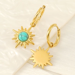 18K gold plated stainless steel sunburst hoop earrings with blue turquoise stones
