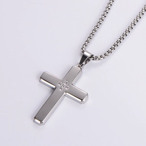 Silver stainless steel cross necklace with inset rhinestones and box chain