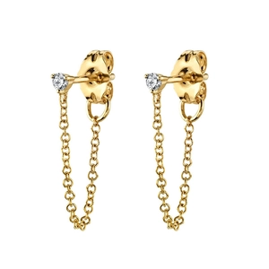 Elegant gold drop earrings with white zircon studs and delicate chain tassel detail
