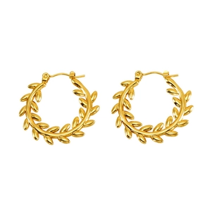 Detailed view of gold olive branch leaf hoop earrings in a polished metallic finish