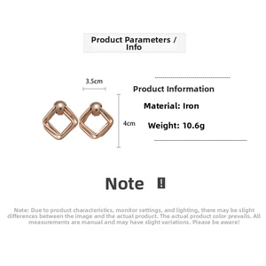 Detail view of rose gold geometric square earrings with dimensions 3.5cm x 4cm and 10.6g weight