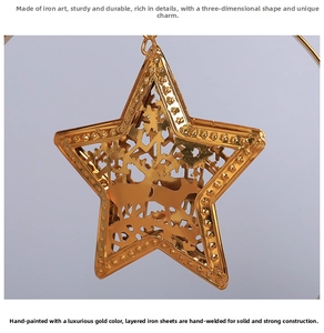 Detailed macro view of golden iron star ornament with reindeer and forest cutout designs