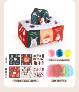 Baby Christmas tissue box toy set with plush box, sensory cloths and colorful soft scarves