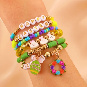 Handmade Colorful Polymer Clay Beaded Bracelet Easter Rabbit Carrot Enamel Pendant Earrings Jewelry Happy Easter Spring Letter Jewelry