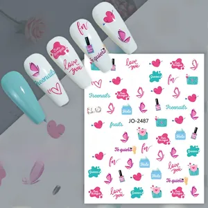Detail of JO-2487 nail art stickers with heart butterfly designs and romantic text