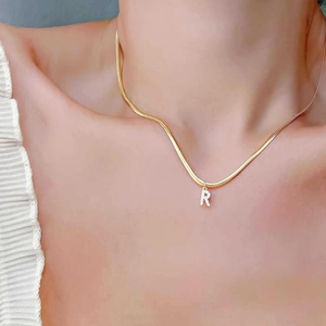 Retro gold snake chain necklace with sparkling crystal initial R pendant for women
