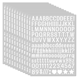 Close-up of 12-sheet white alphabet and number sticker set for scrapbooking and DIY