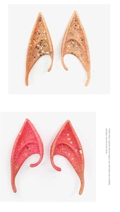 Detail view of latex elf ears with glitter coating for Halloween cosplay accessories