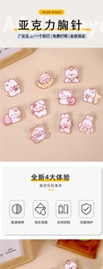 Detail of acrylic cartoon brooches showing cute bear and rabbit prints with glossy finish