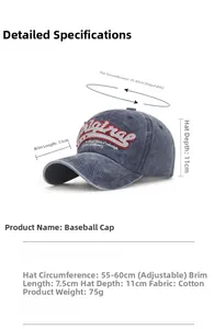 Size chart for vintage embroidered baseball cap with 55-60cm adjustable circumference