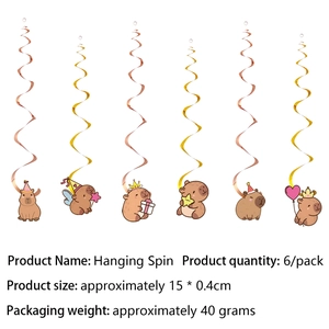 Golden hanging swirls with cute cartoon capybara designs for party decorations, 6 pack set