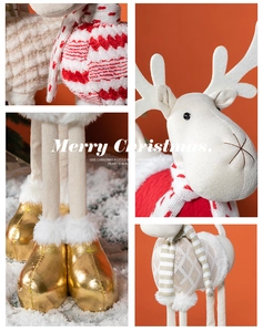 Detail of knitted scarf texture and golden faux leather feet on a plush reindeer toy