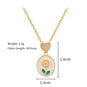 Detailed view of titanium steel necklace with enamel sunflower pendant and size markings