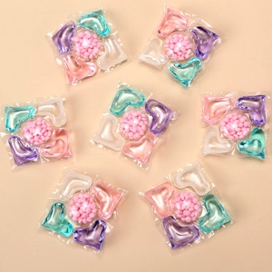 Five-in-one concentrated laundry detergent pods with multi-color 5-chamber heart design