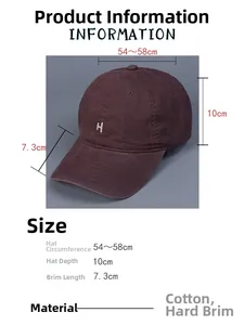 Detailed size specifications for washed cotton baseball cap with embroidered H logo