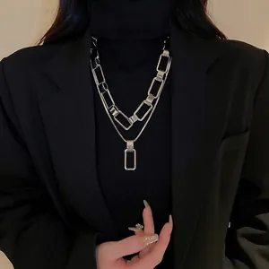 Layered Necklace Alloy Geometric Rectangle Pendant Paperclip And Snake Chain Minimalist Punk Jewelry For Women