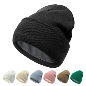 Knitted Beanie Hat Acrylic Fleece Lined Winter Warm Solid Color Cuffed Skull Cap For Women Outdoor Casual Soft