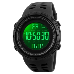 Waterproof digital sports watch with green LED backlight and black silicone strap