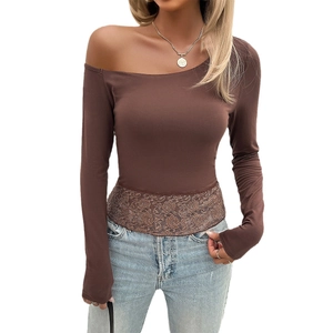 Women's slim fit brown knit top with off-shoulder neckline and lace stitching details