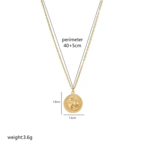 Collana in acciaio al titanio retrò con ciondolo a moneta ritratto e finitura dorata
