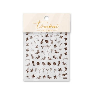 Close-up of brown floral nail art stickers and pretty lettering on white packaging