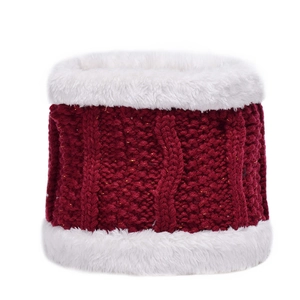 Burgundy winter knit neck warmer with white faux fur trim and gold lurex yarn accents