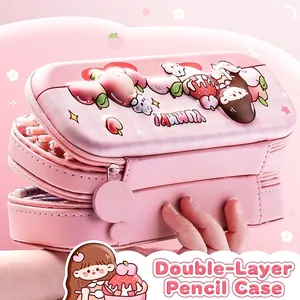 Pink 3D rabbit double-layer pencil case with large capacity and cute embossed design