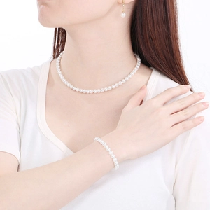Detailed view of elegant white pearl necklace, bracelet and earrings set worn by model