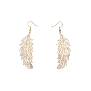 Detailed view of gold feather drop earrings with intricate hollow metal textures
