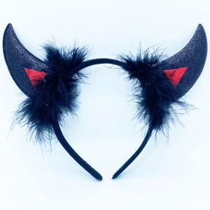 Black glitter devil horn headband with red accents and fluffy feather trim for Halloween