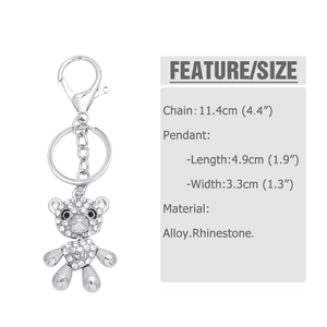 Detailed view of rhinestone bear pendant dimensions and features on white background