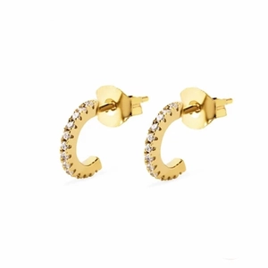 Gold-plated C-shape hoop earrings with micro-paved sparkling cubic zirconia stones