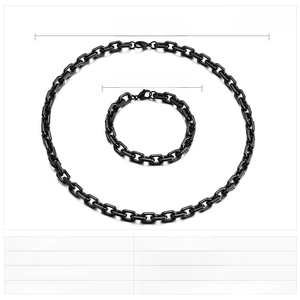 Polished black stainless steel chain jewelry set with necklace and bracelet dimensions