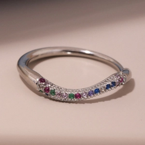 Colorful zircon double-row stacking ring in silver finish with 18k gold plating