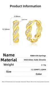 Close-up of twisted S925 silver hoop earrings with cubic zirconia and size dimensions