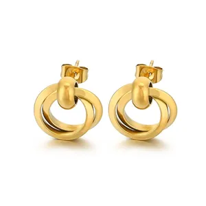 Exquisite gold stainless steel triple-interlocking circle earrings with a brushed finish