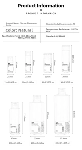Detailed size chart for PE squeeze bottles showing volume and height dimensions