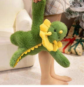 Macro shot of soft green triceratops plush with yellow frill and long-pile fabric texture